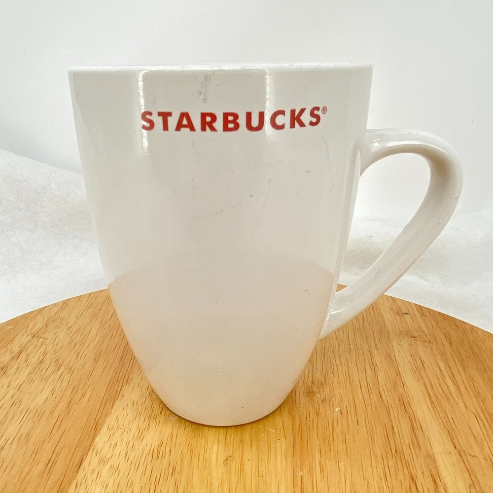 Starbucks 2009 White Ceramic Coffee Tea Mug Red Lettering‎ 15.5 oz 460ml